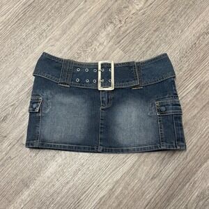 Weather Vane Denim Micro Mini Skirt Dark Wash Y2K Belted Cargo Pockets Sz 3